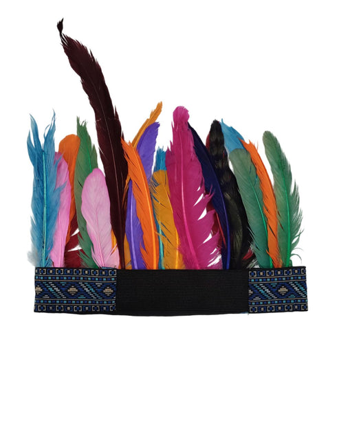 BookMyCostume Unisex Adivasi Tribal Dance Costume – Tiger Print Fur Material | One-Shoulder Outfit with Armlets & Multicolor Feather Headdress